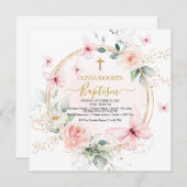 Roze Bloemenvlinder Doop Uitnodiging (Voorkant / Achterkant)