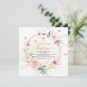 Roze Bloemenvlinder Doop Uitnodiging (Staand voorkant)