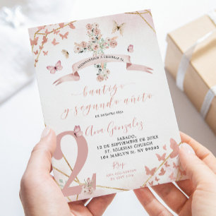 Roze Bloemenvlinder Spaanse doop 2e verjaardag Kaart