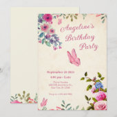 Roze bloemenvlinder verjaardag kaart (Voorkant / Achterkant)