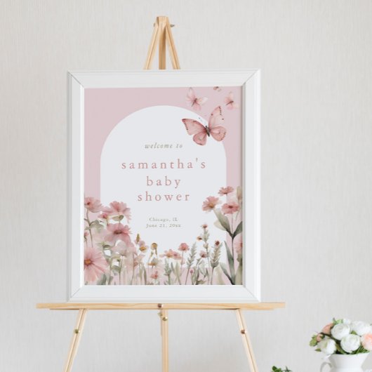Roze bloemenvlinders baby shower welkomstbord poster