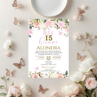 Roze bloemenvlinders Quinceañera Kaart