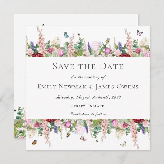 Roze Bloemenvlinders Sla de datum op Kaart (Voorkant / Achterkant)