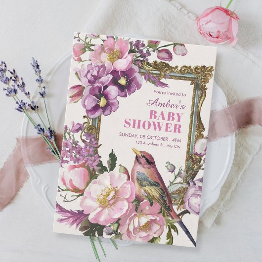 Roze bloemenvogel waterverf baby shower kaart