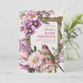 Roze bloemenvogel waterverf baby shower kaart (Staand voorkant)