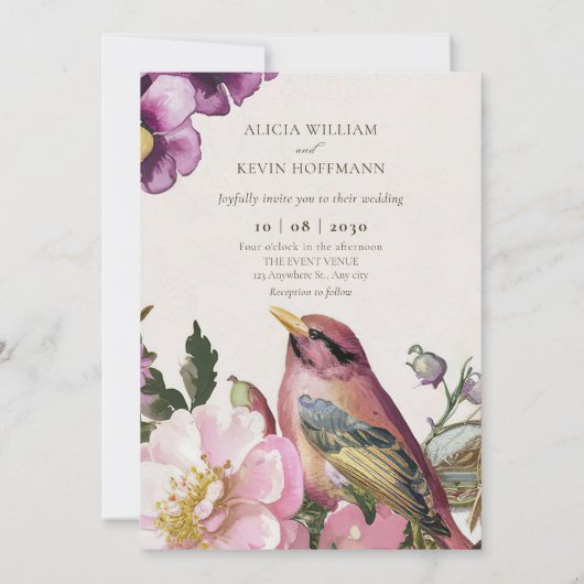 Roze bloemenvogel waterverf bruiloft kaart (Achterkant)