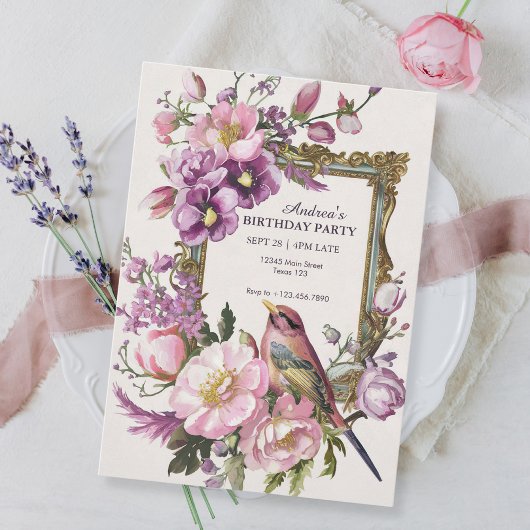 Roze bloemenvogel waterverf Verjaardag Kaart