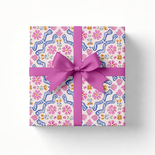 Roze Bloemenvolk Babyshower Inpakpapier
