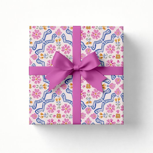 Roze Bloemenvolk Babyshower Inpakpapier