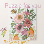Roze bloemenwitte puzzel met vogels legpuzzel<br><div class="desc">Vind deze schattige roze rozen en bloemen puzzel op een witte achtergrond. Deze bloempuzzel met prachtig gemaakte roze vogelbloemen en Monogram, schattige gele Waterverven, en een hommel zal je kleintje maken terwijl je de stukjes samenvoegt. Het zou een geweldig cadeau zijn voor je kleine meisje, nichtje of iemand anders die...</div>