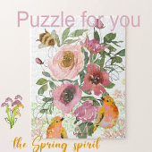 Roze bloemenwitte puzzel met vogels legpuzzel