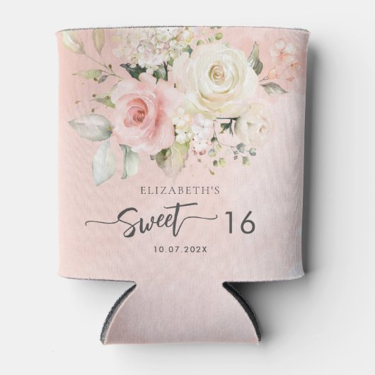 Roze Bloemenzoet 16 Verjaardagsfeest Blikjeskoeler (Voorkant)