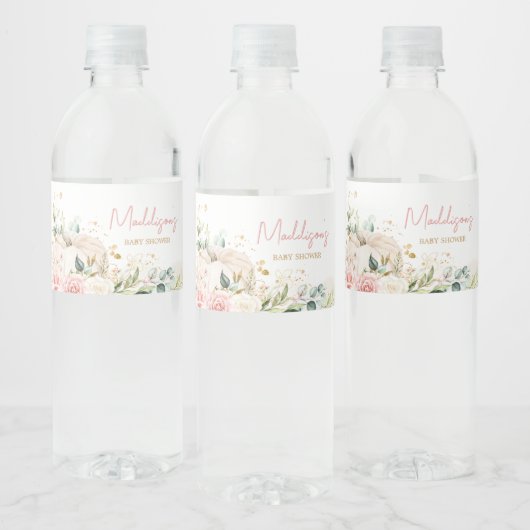 Roze Bloemenzoet klein pompoen Baby shower Waterfles Etiket (Flessen)