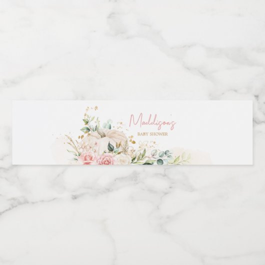 Roze Bloemenzoet klein pompoen Baby shower Waterfles Etiket (Enkel label)