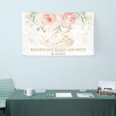 Roze Bloemenzwaan Baby shower Verjaardagsachtergro Spandoek (Beurs)