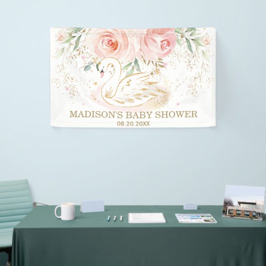 Roze Bloemenzwaan Baby shower Verjaardagsachtergro Spandoek (Beurs)
