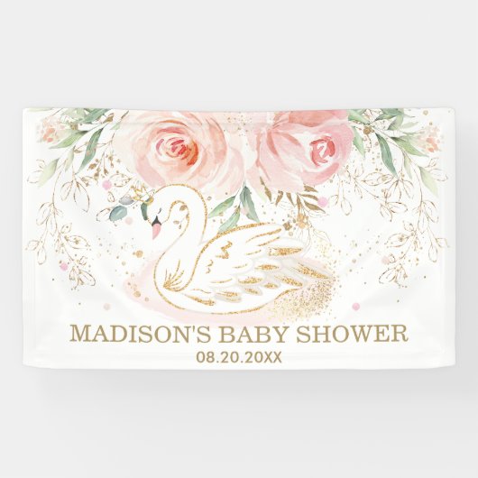 Roze Bloemenzwaan Baby shower Verjaardagsachtergro Spandoek (Horizontaal)