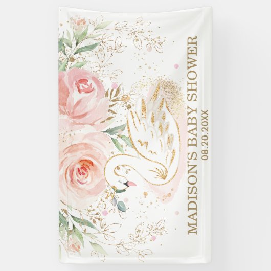 Roze Bloemenzwaan Baby shower Verjaardagsachtergro Spandoek (Verticaal)
