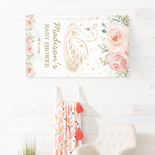 Roze Bloemenzwaan Baby shower Verjaardagsachtergro Spandoek (Insitu)