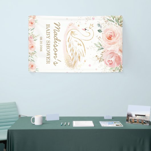 Roze Bloemenzwaan Baby shower Verjaardagsachtergro Spandoek (Beurs)