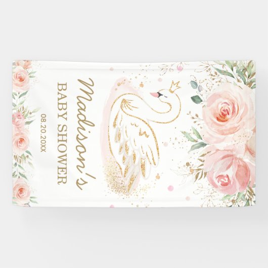 Roze Bloemenzwaan Baby shower Verjaardagsachtergro Spandoek (Horizontaal)