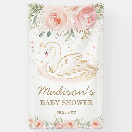 Roze Bloemenzwaan Baby shower Verjaardagsachtergro Spandoek (Verticaal)