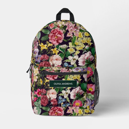  roze bloemenzwart patroonmonogram bedrukte rugzak (Voorkant)