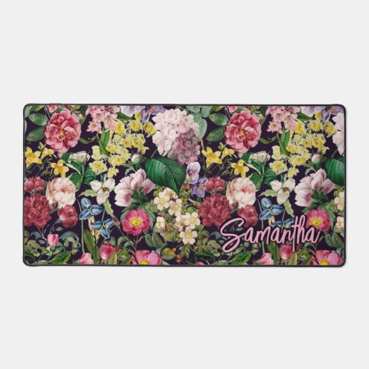  roze bloemenzwart patroonmonogram bureaumat (Voorkant)