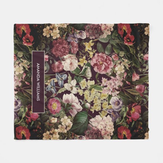  roze bloemenzwart patroonmonogram fleece deken (Voorkant (Horizontaal))