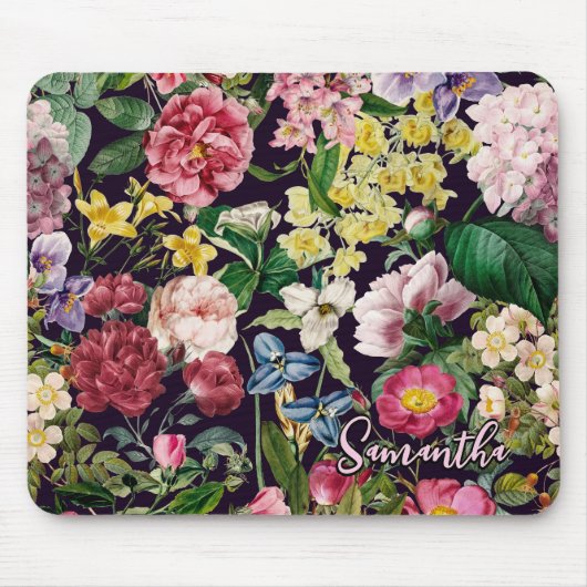  roze bloemenzwart patroonmonogram muismat (Voorkant)