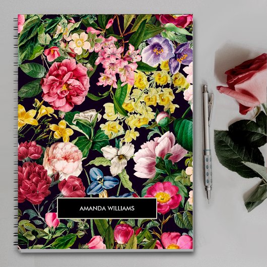  roze bloemenzwart patroonmonogram notitieboek