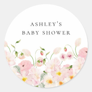 Roze bloemetjes baby shower ronde sticker