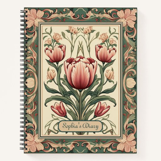 Roze bloemetjes en groen ornament Lijst Notitieboek (Voorkant)