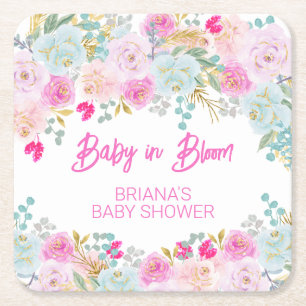 Roze bloemetjes meisje baby shower kartonnen onderzetters