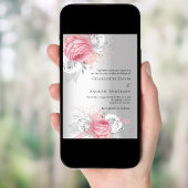 Roze bloemetjes zilveren elegante bruiloft kaart