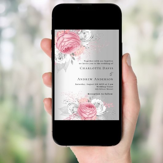 Roze bloemetjes zilveren elegante bruiloft kaart