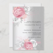 Roze bloemetjes zilveren elegante bruiloft kaart (Voorkant)
