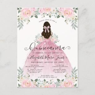 Roze bloemetjesjurk 15e verjaardag Quinceanera Briefkaart