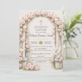 Roze bloemetuinboog Gouden kruis Doop  Kaart (Staand voorkant)