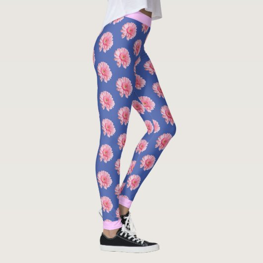 Roze bloemflespatroon op BLUE Leggings (Rechts)