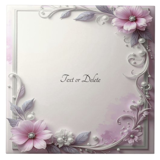 Roze bloemframe keramische tegel tegeltje (Voorkant)