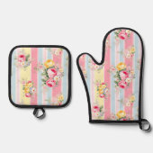 Roze bloemgestreepte ovenwant & pannenlap set (Voorkant)