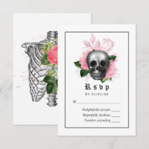 Roze bloemgotische skelet trouw-RSVP kaart