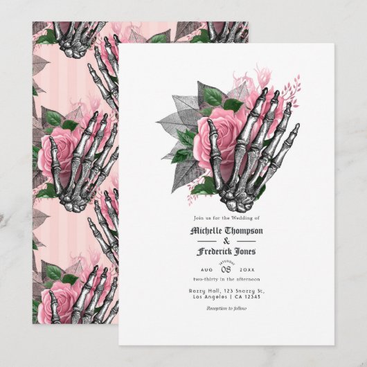 Roze bloemgotische trouw-QR-code uitnodiging (Voorkant / Achterkant)