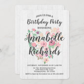 Roze Bloemhart Verjaardagsfeest Uitnodiging (Voorkant / Achterkant)