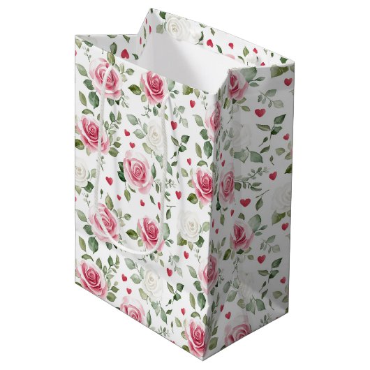 Roze bloemhartjes bruidsmeisjesfeest medium cadeauzakje (Voorkant Gekanteld)