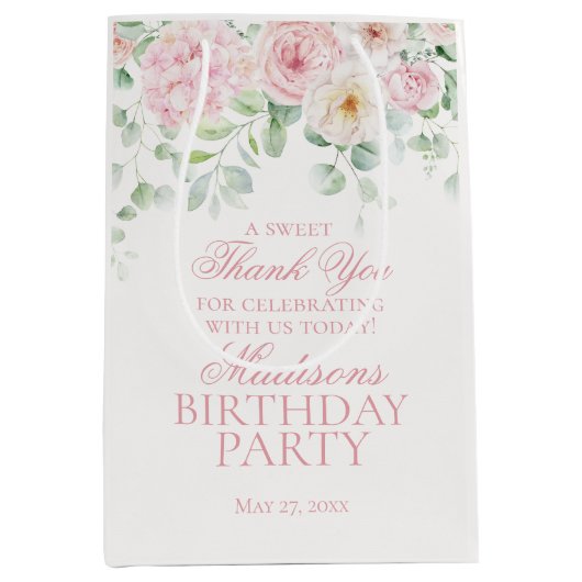 Roze Bloemhortensia Botanische Verjaardagsgunst Medium Cadeauzakje (Voorkant)