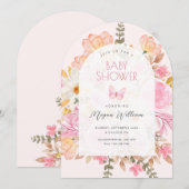 Roze bloemig baby shower kaart (Voorkant / Achterkant)