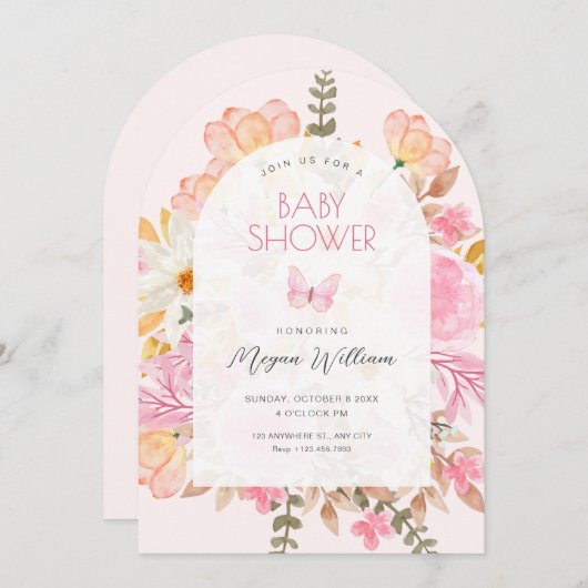 Roze bloemig baby shower kaart (Voorkant / Achterkant)