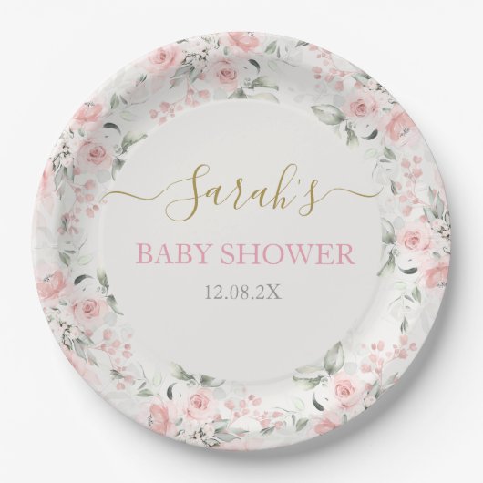 Roze bloemig Baby shower Meisje Papieren Bordje (Voorkant)